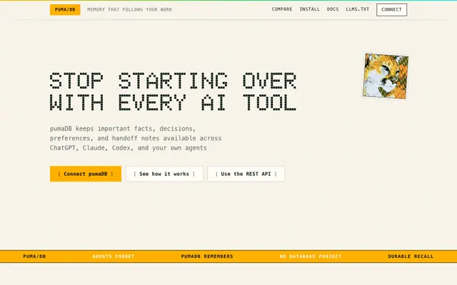 Screenshot of pumaDB — agent memory without the database work