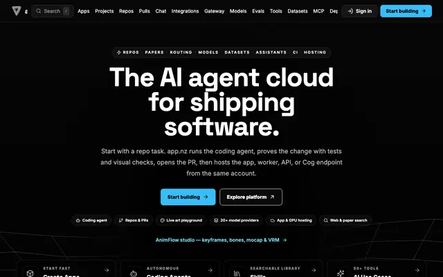 Screenshot of app.nz | AI Agent Cloud for Coding Agents, Deploy, Models