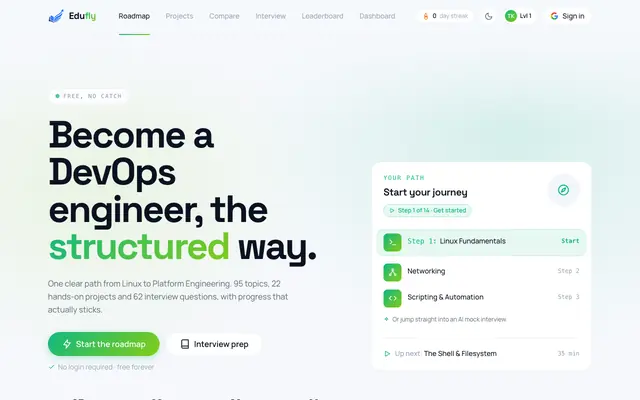 Screenshot of Edufly — Become a DevOps engineer, the structured way
