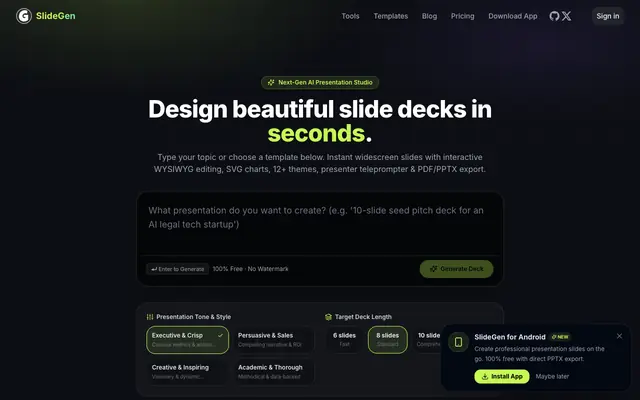 Screenshot of SlideGen — Free AI PPT Maker. No Login, No Watermark, No Subscription