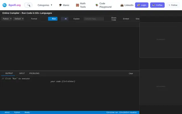 Screenshot of AI-Powered Online Compiler & IDE - Run Code... | 8gwifi.org