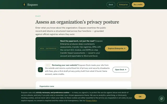 Screenshot of Esquseo — Organizational privacy assessment