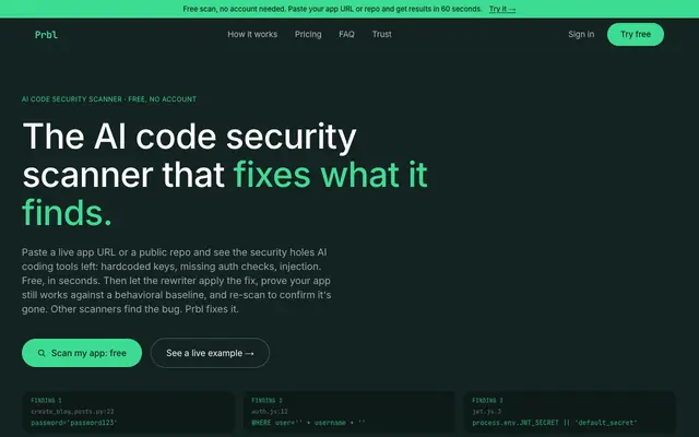 Screenshot of Prbl — AI code security scanner