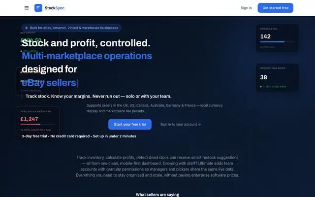 Screenshot of StockSync | Stock Management for eBay, Vinted & Amazon Sellers