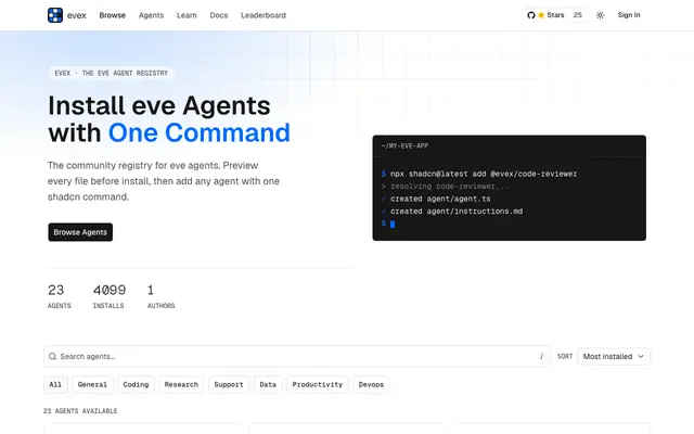 Screenshot of Install eve Agents with One Command · evex