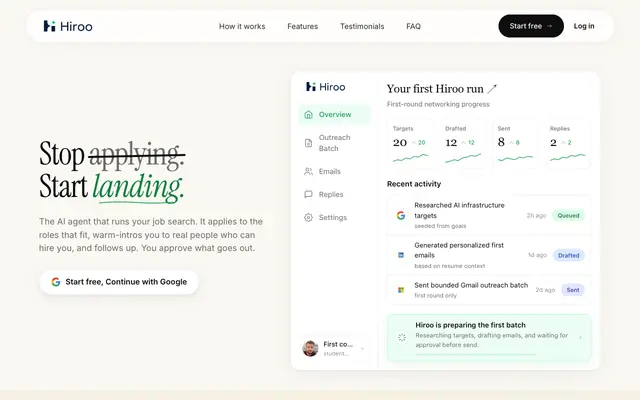 Screenshot of Hiroo: the AI agent that lands your next job.