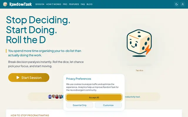 Screenshot of RandomTask | Stuck on Boring Chores? Roll Dice to Stop Procrastination
