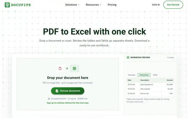 Screenshot of Convert PDF to Excel Free - AI, Scanned PDFs, No Signup | DocuPipe
