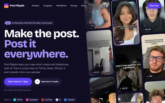 Screenshot of Post Ripple — Create, schedule & cross-post short-form video to every feed