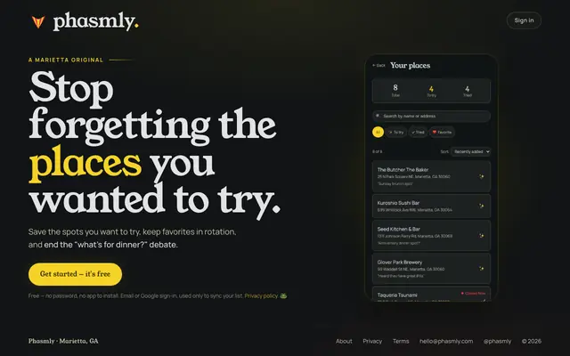 Screenshot of Phasmly — Stop forgetting the places you wanted to try