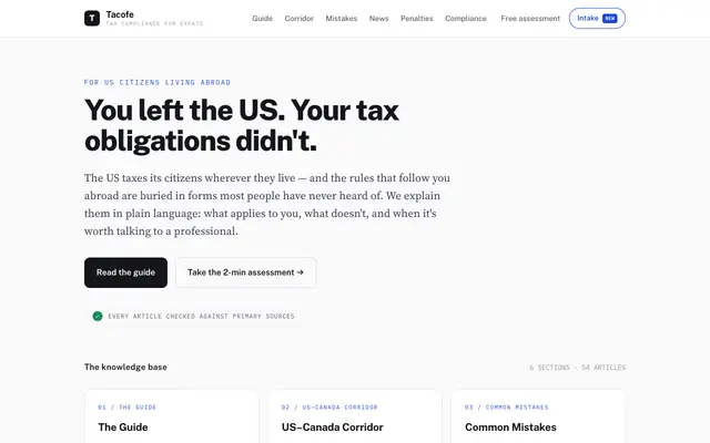 Screenshot of Plain-language tax compliance for US citizens abroad — Tacofe