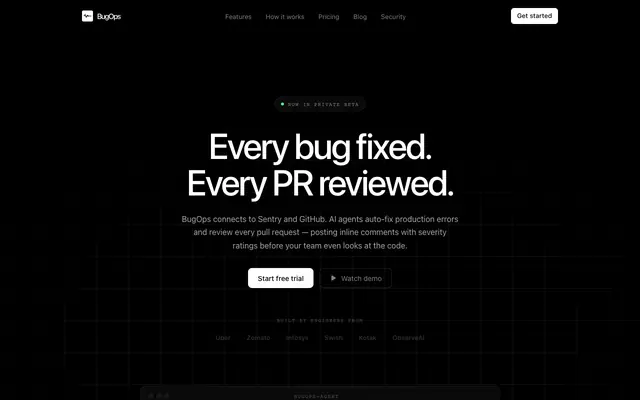 Screenshot of BugOps — Auto-Fix Bugs & AI Code Reviews for Every PR