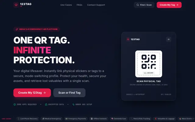 Screenshot of 123tag | Crisis-Ready Emergency QR Identity — 123tag.in