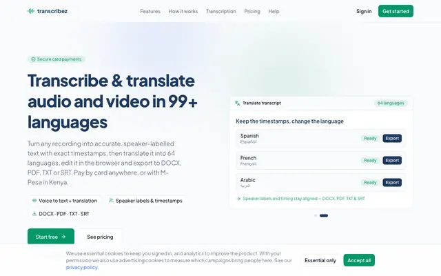 Screenshot of transcribez — Transcribe, translate & tailor your CV