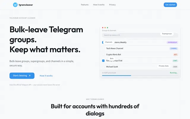 Screenshot of tgramcleaner — Bulk Leave Telegram Groups & Delete Chat History