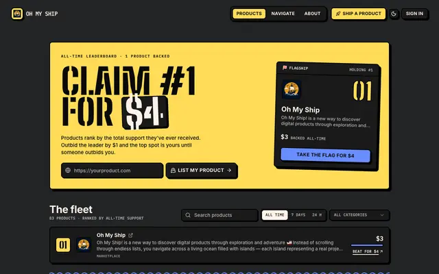 Screenshot of Oh My Ship - Leaderboard where upvotes get you seen and paid support gets you ah