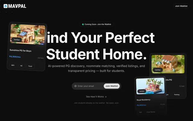 Screenshot of PGFinder · Find Your Perfect PG Near Campus