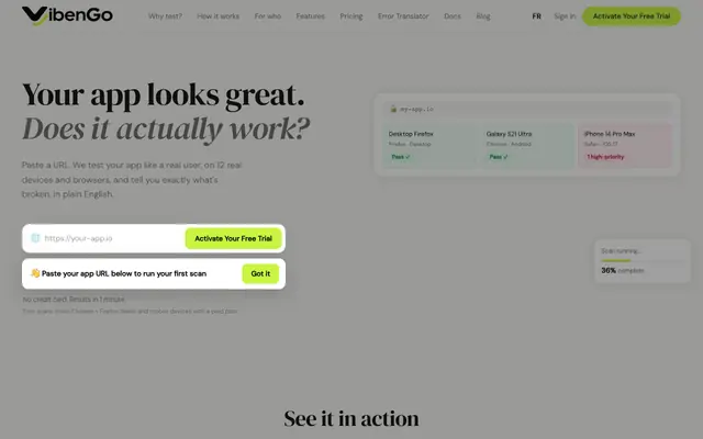 Screenshot of Vibe and Go | Catch Bugs Before Your Users Do