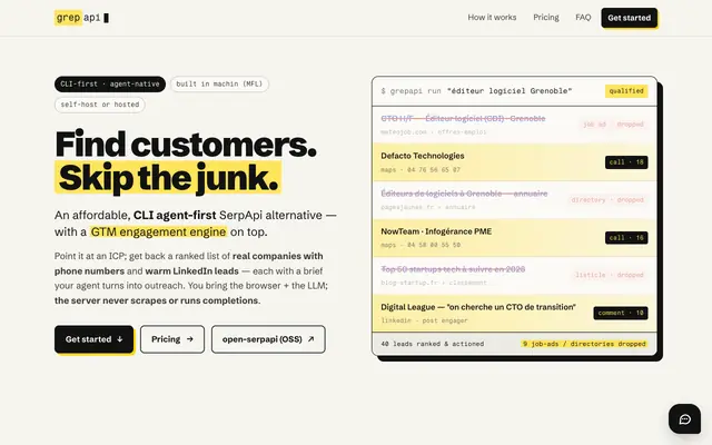 Screenshot of grepapi — affordable, CLI agent-first SerpApi alternative