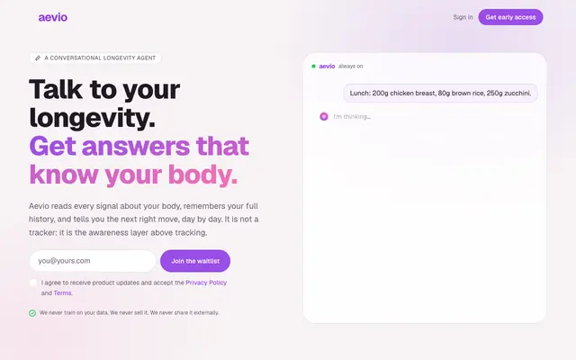 Screenshot of Aevio · Talk to your longevity