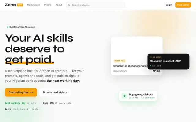 Screenshot of Zana — Buy & Sell AI Prompts, AI Agents & Tools Online — Zana