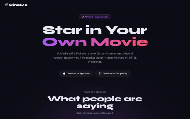 Screenshot of CineMe — Star in Your Own Movie | AI Video Transformation