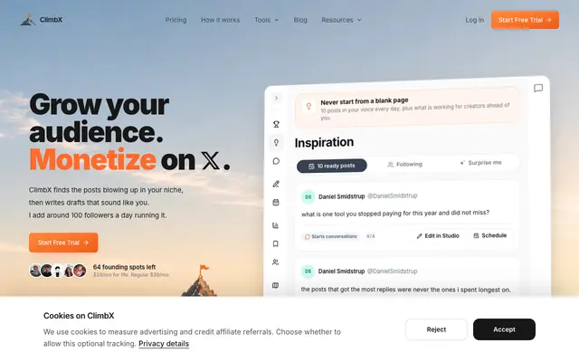 Screenshot of ClimbX - AI Tool to Grow Your Audience and Monetize on X