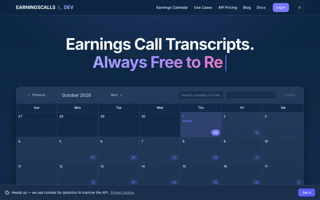 Screenshot of Earnings Call Transcripts - Read for Free, Automate with API | EarningsAPI