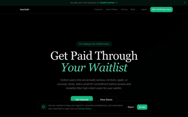 Screenshot of UserOath | Stop Collecting Fake Signups