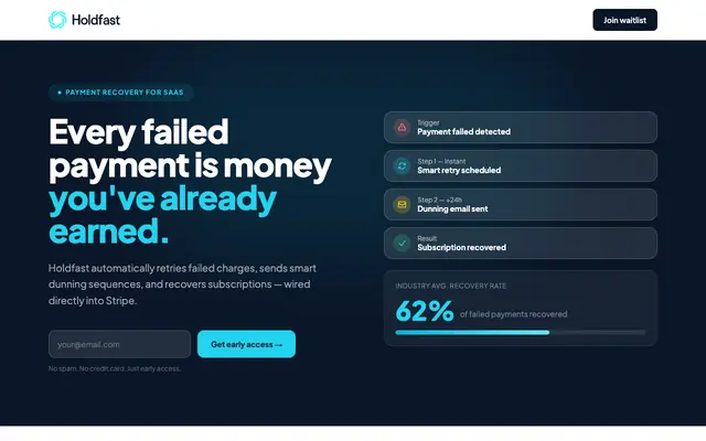 Screenshot of Holdfast — Payment Recovery for SaaS & Creators