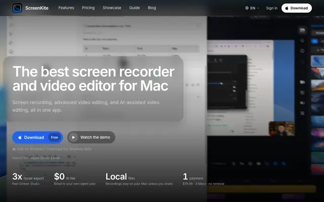 Screenshot of ScreenKite — Free, Native macOS Screen Recorder (Fast & Native)