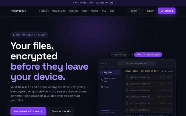 Screenshot of Vault Desk — Zero-knowledge encrypted cloud storage