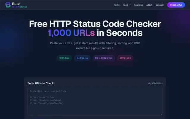 Screenshot of Free Bulk HTTP Status Code Checker | BulkHTTPStatus