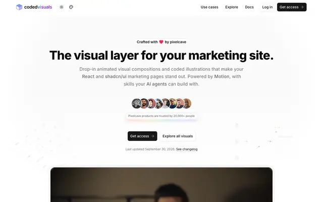 Screenshot of Animated visuals & illustrations for React and shadcn/ui - CodedVisuals