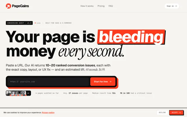 Screenshot of PageGains - Your Page Is Losing Conversions Right Now