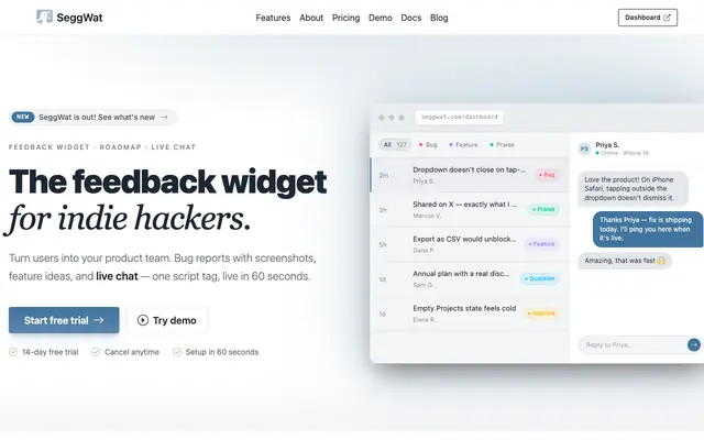 Screenshot of Feedback & Live Chat Widget for Indie Hackers & Small Teams — SeggWat