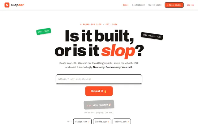 Screenshot of Slopdar: Is it built or is it slop?