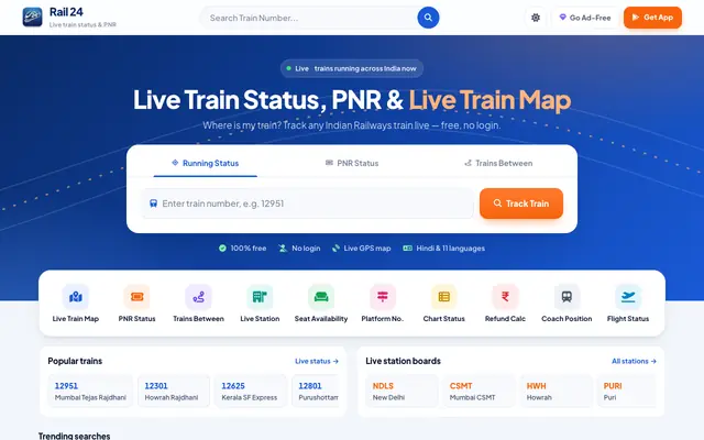 Screenshot of Rail 24 — Live Train Running Status Today, Check PNR Online & Live Map India