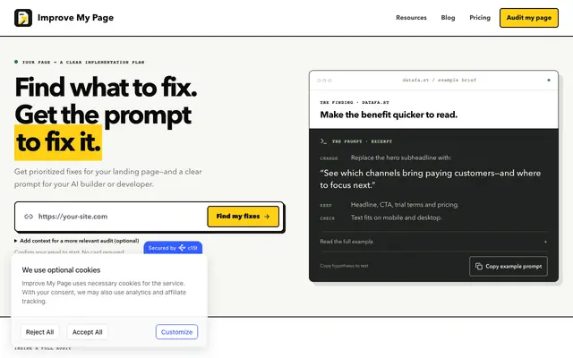 Screenshot of Landing Page Audit Tool | Improve My Page
