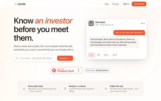 Screenshot of Lorvio — Research anyone before you meet them
