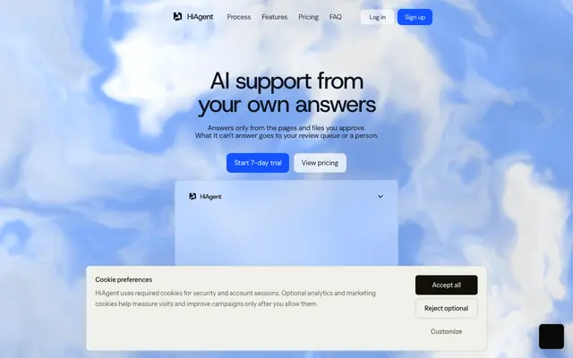 Screenshot of HiAgent | AI Support Widget for Ecommerce and Service Websites