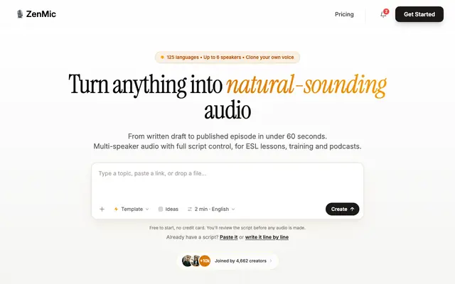 Screenshot of ZenMic — Text to Podcast Generator | AI Podcast Maker