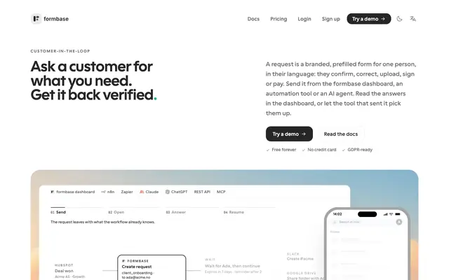 Screenshot of formbase — Free multilingual AI form builder, in seconds