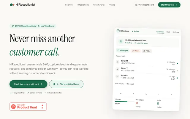 Screenshot of HiReceptionist — AI receptionist for everyone | HiReceptionist