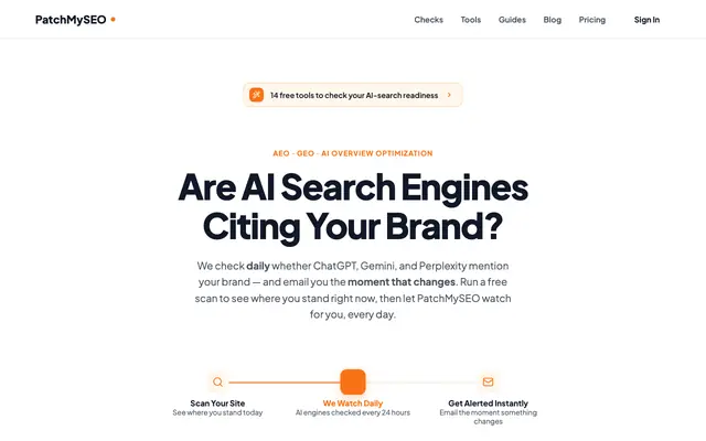 Screenshot of PatchMySEO | AI Search Visibility - AEO, GEO & Google AI Overview Tracking