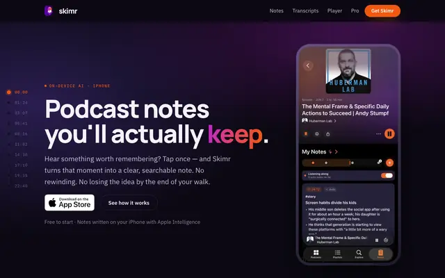 Screenshot of Skimr - Catch Up on Podcasts, 10x Faster. Podcast episodes with summaries, trans
