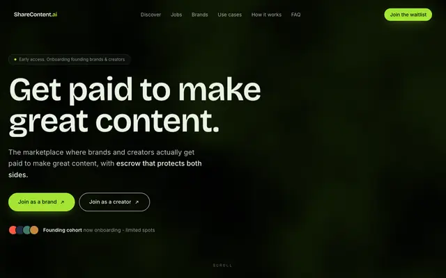 Screenshot of ShareContent.ai | Where brands and creators get paid to make content