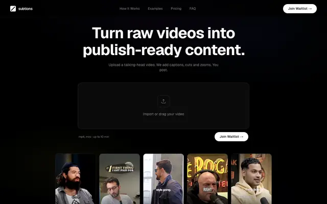 Screenshot of Subtions — Turn Raw Videos into Publish-Ready Videos