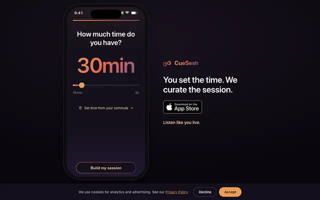 Screenshot of Try CueSesh — Build a podcast session that fits your time