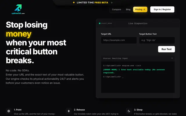 Screenshot of UptimeClick — Is Your Buy Button Actually Working?